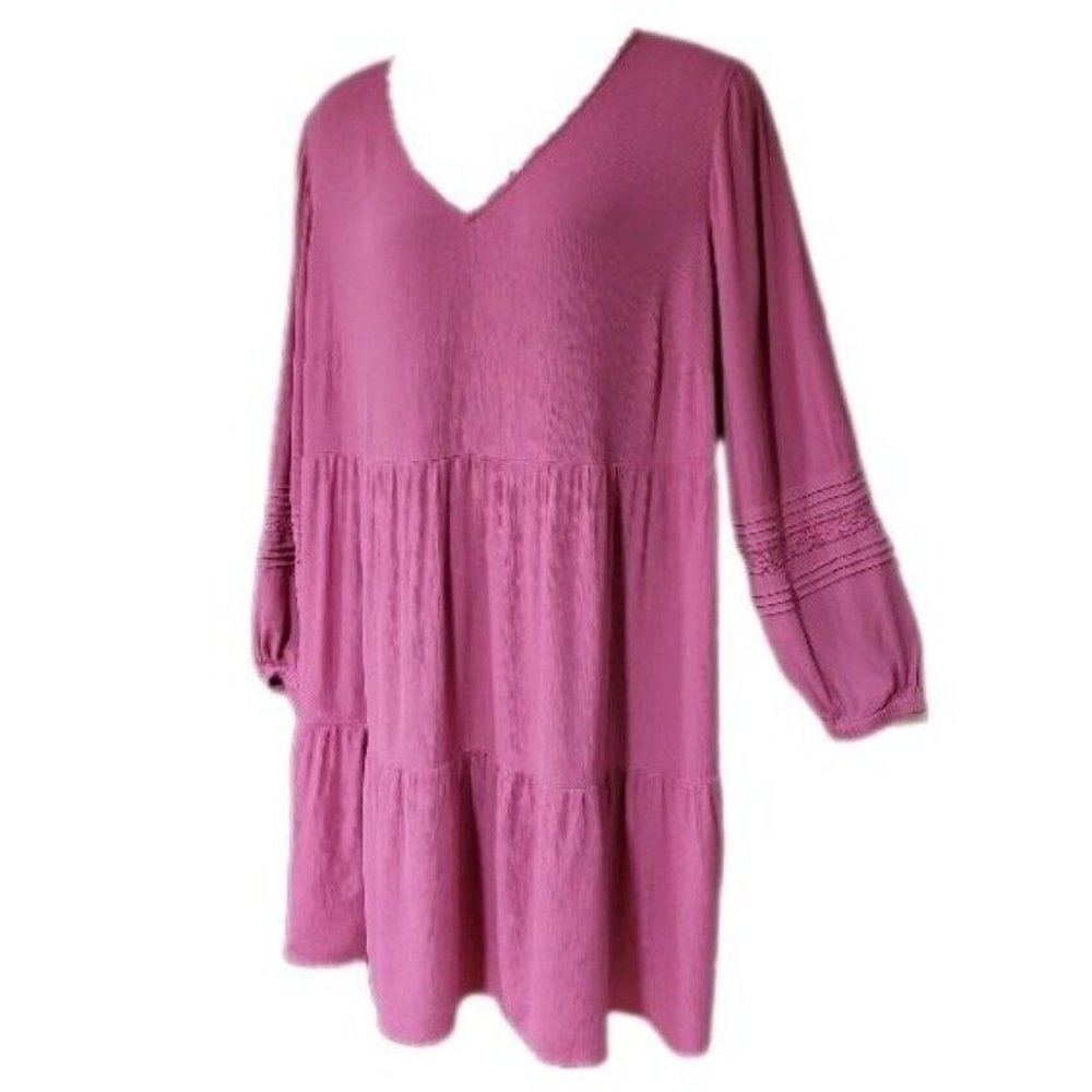 Ava & Viv Tiered Crinkle Cotton Bishop Sleeve Rose Barbie Pink Dress 2X